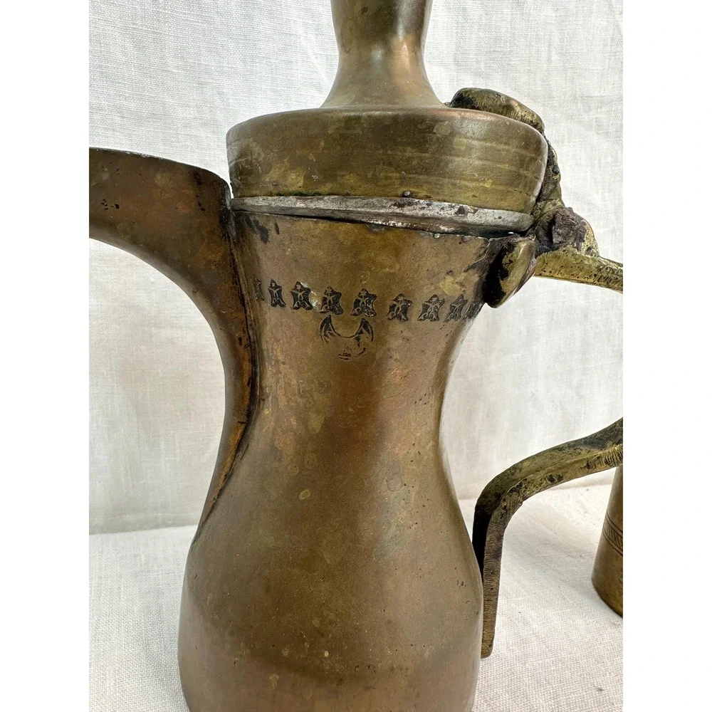 Vintage Islamic Turkish Brass Dallah Coffee Pot and Coffee Grinder Set Gold